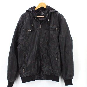 Chaos Crucker Faux Leather Jacket Mens Black Full Zip Hooded Motorcycle XL